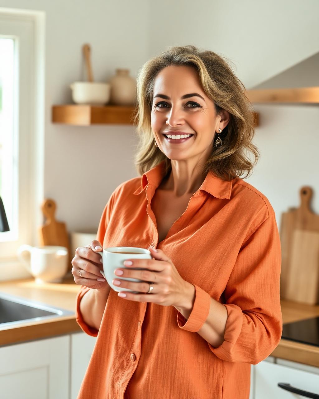 Mulher sorrindo em sua cozinha, segurando uma xícara de chá